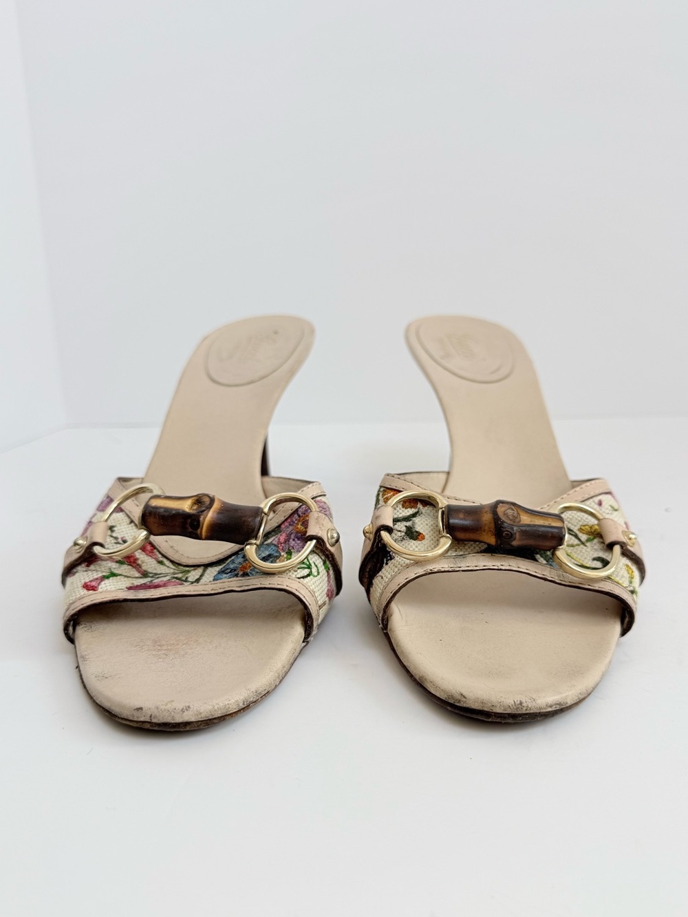 Rare Gucci Flora Bamboo Horsebit Mule Heels Vintage Y2K Floral Canvas 10.5B - Picture 3 of 10